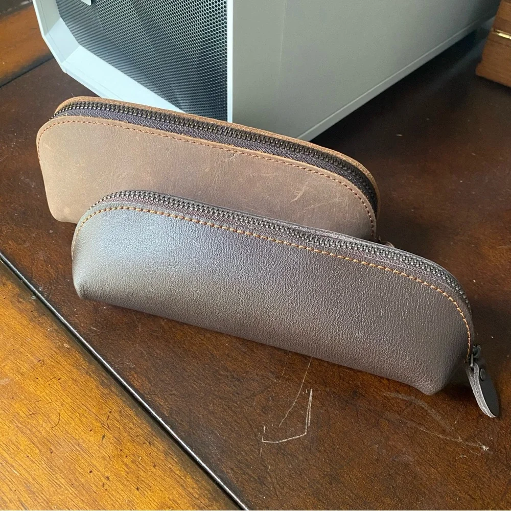 Crazy Horse Real Leather Brown Zipper Pencil Pouch Makeup Bag